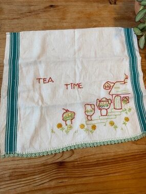 Vintage Tea Time Embroidered Kitchen Towel